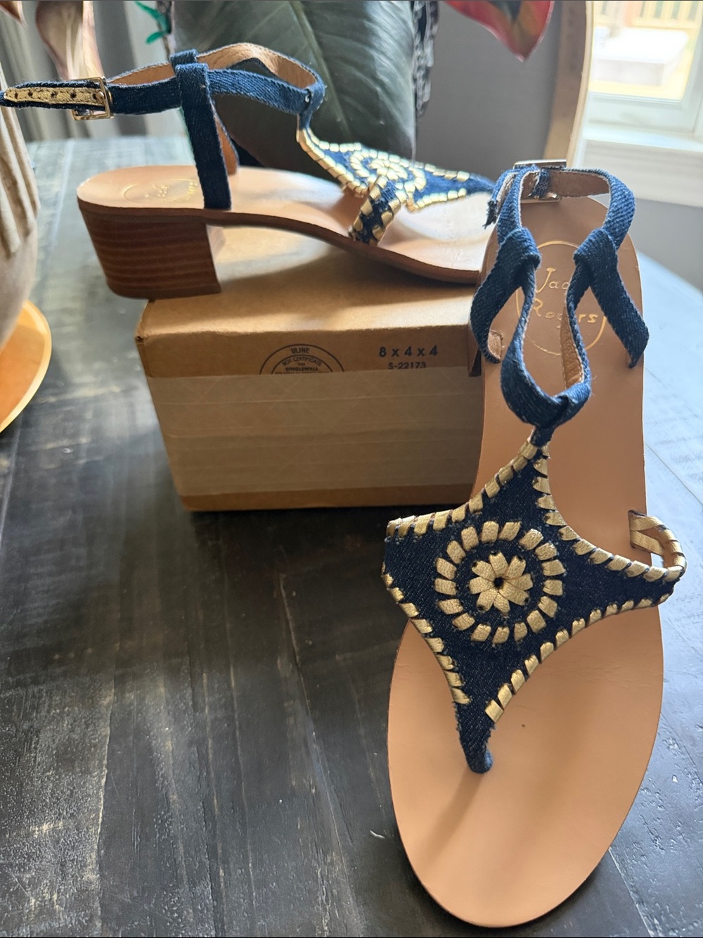 Jack Rogers Navy Denim T-Strap Sandal with Gold Embroidery